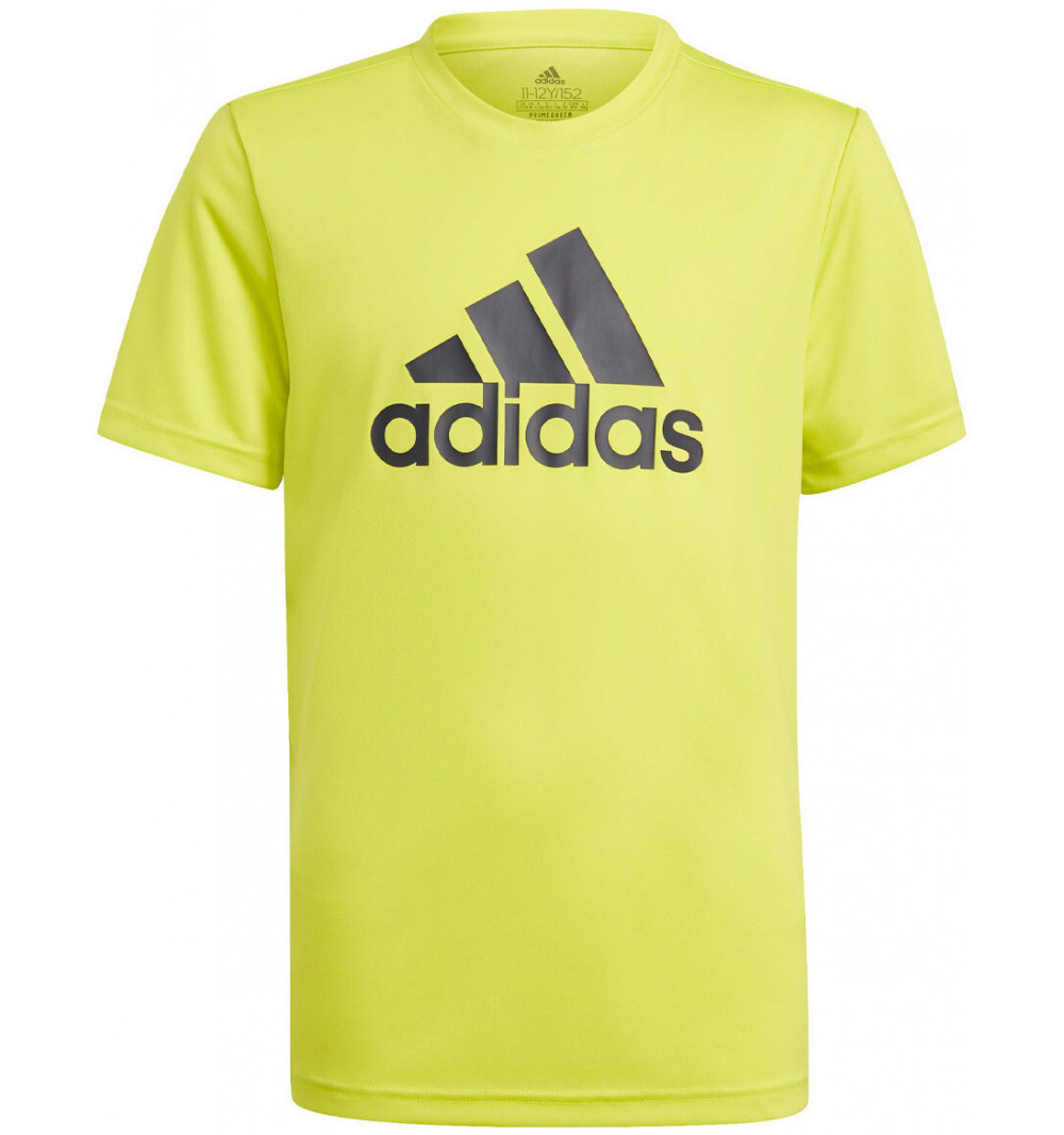 Camiseta infantil da Adidas projetada para mover o logotipo grande e verde