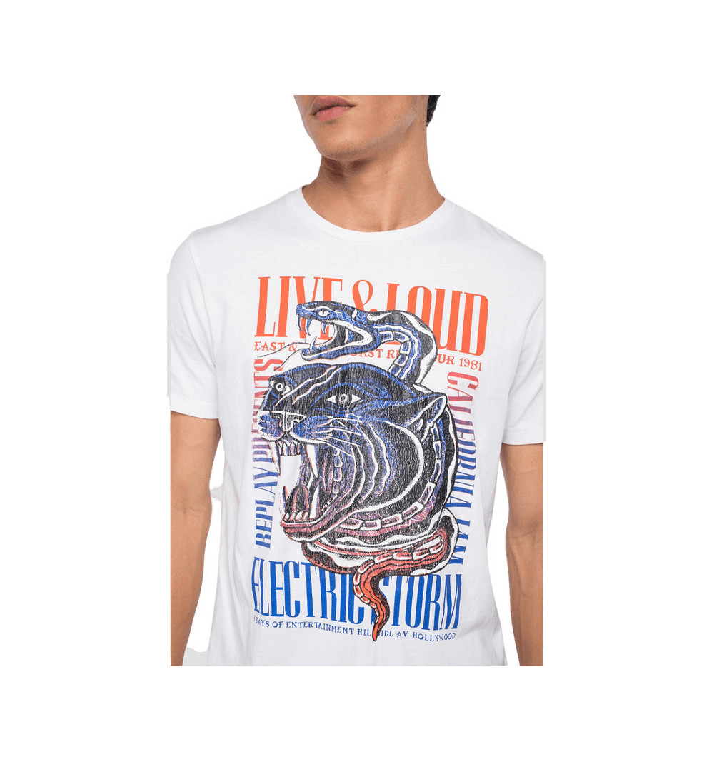 Replay T-Shirt aus Bio-Baumwolle Live&Loud Electric Storm White M6035.001